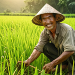 ** "A farmer happily tending to a lush rice paddy, representing the concept of compound interest. Focus on the warm sunlight and the farmer's contented expression."

**