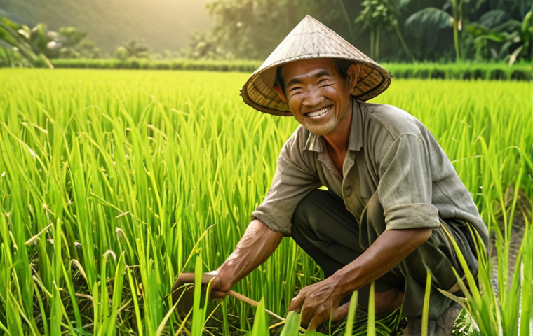 ** "A farmer happily tending to a lush rice paddy, representing the concept of compound interest. Focus on the warm sunlight and the farmer's contented expression."

**